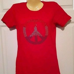 Peace Sign Rhinestone T-Shirt X-Large Red